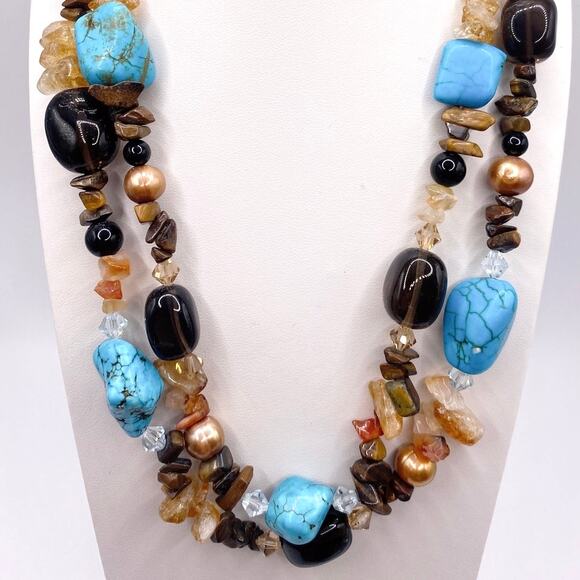 Gemstones Vintage Necklace Turquoise Smoky Quartz and Citrine Double Strand 17” - Picture 3 of 6